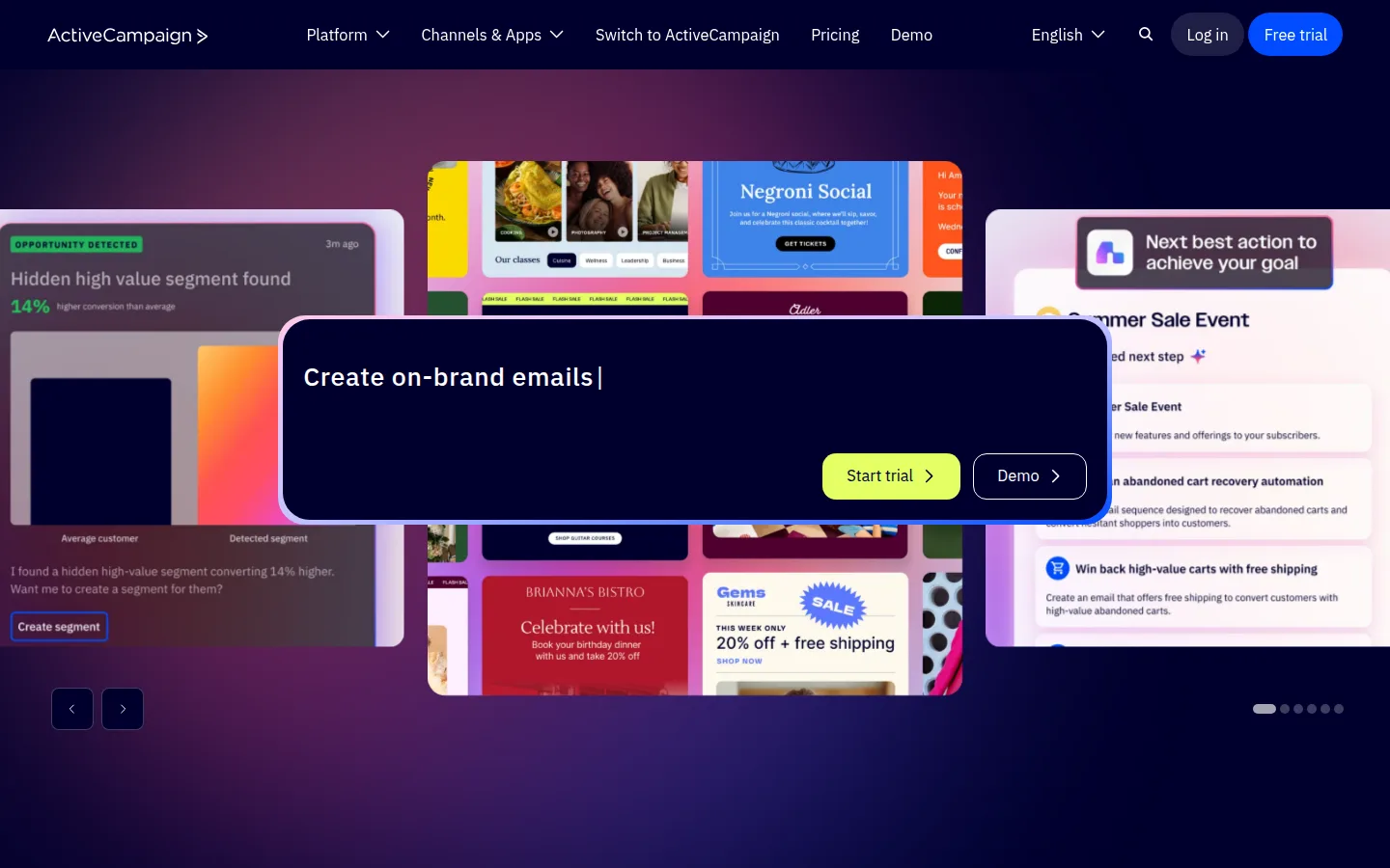 The ActiveCampaign website, a marketing automation platform with AI agents.