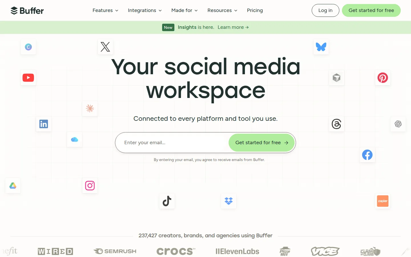 The Buffer website, a social media scheduling tool covering 11 channels.
