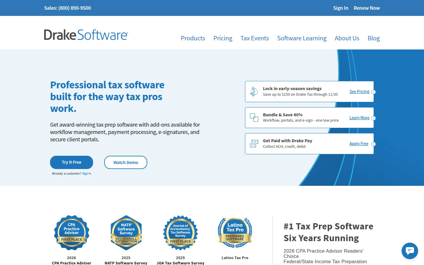 The Drake Software website, all-inclusive professional tax software.