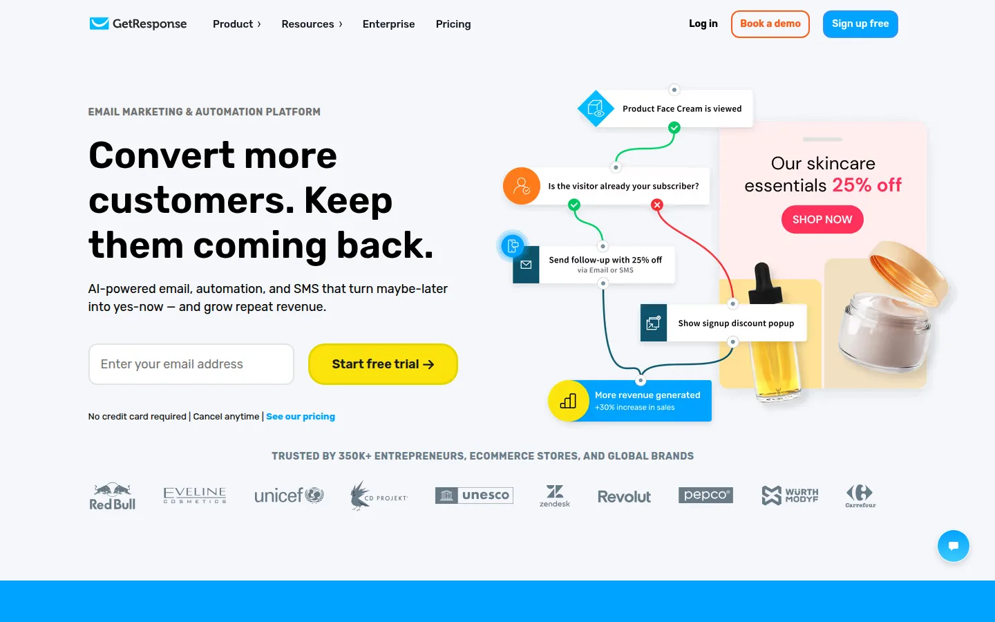 The GetResponse website, an email marketing platform with webinars and course tools.