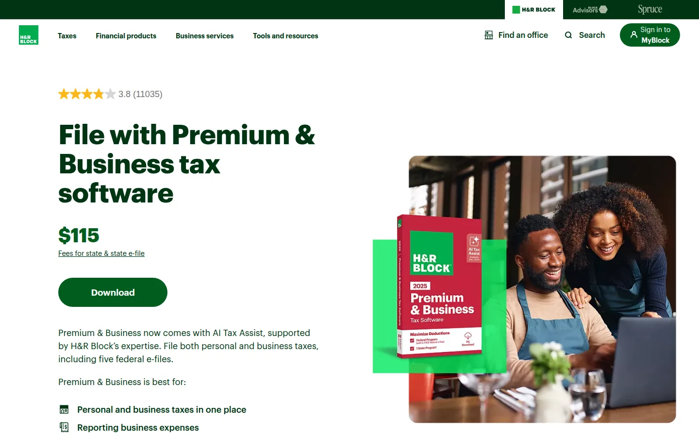 H&R Block Premium & Business tax software page showing the $115 desktop product.