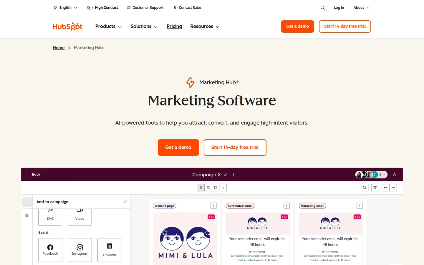 The HubSpot Marketing Hub product page, AI-powered marketing software on HubSpot CRM.