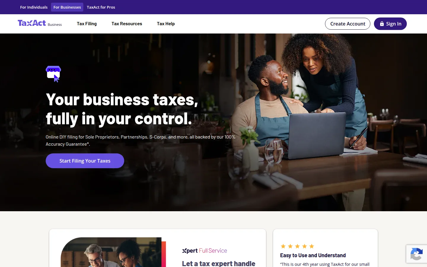 The TaxAct business returns page for filing entity taxes online.