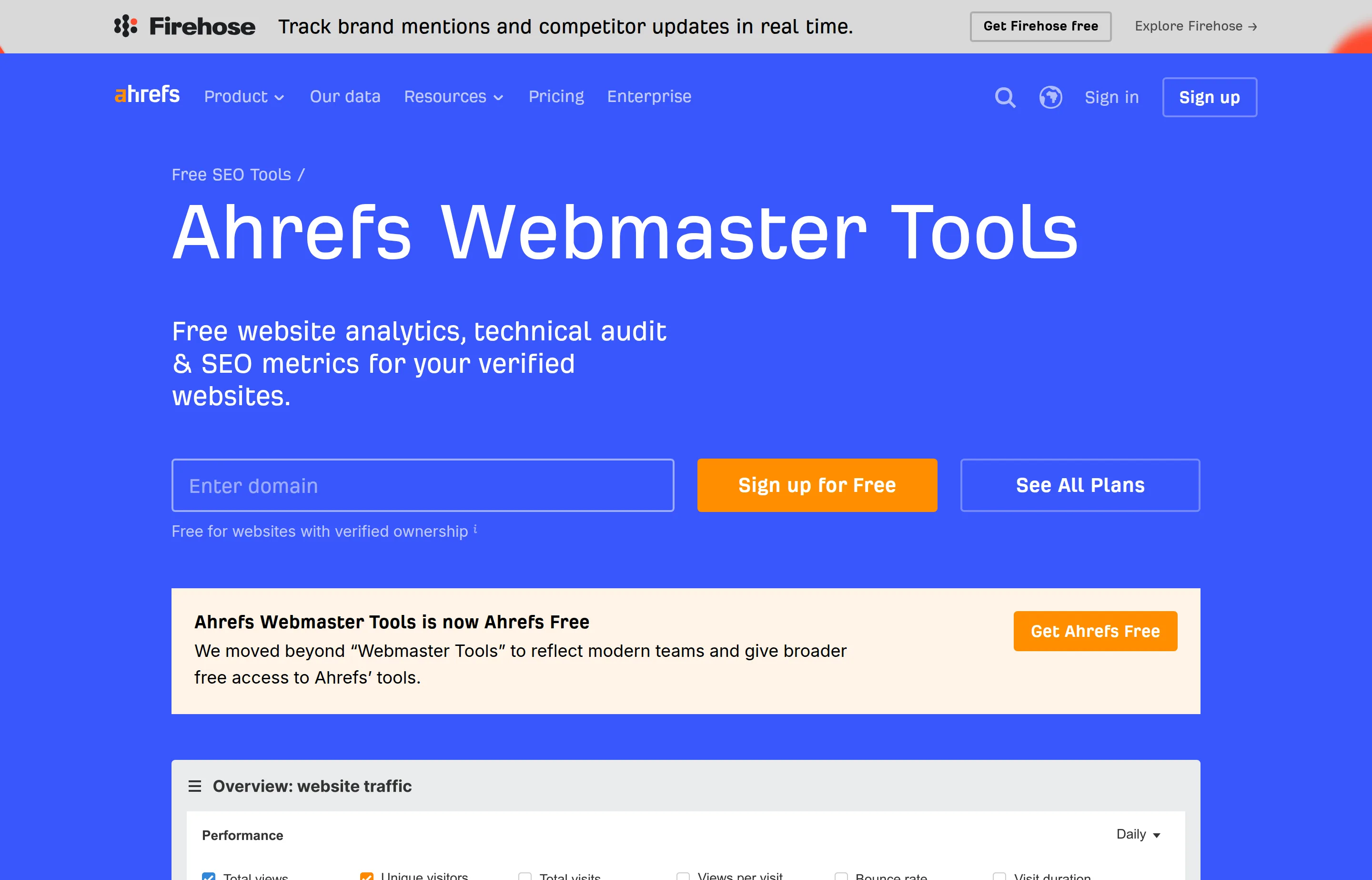 The Ahrefs Webmaster Tools page, showing free backlink and site audit data for verified site owners.