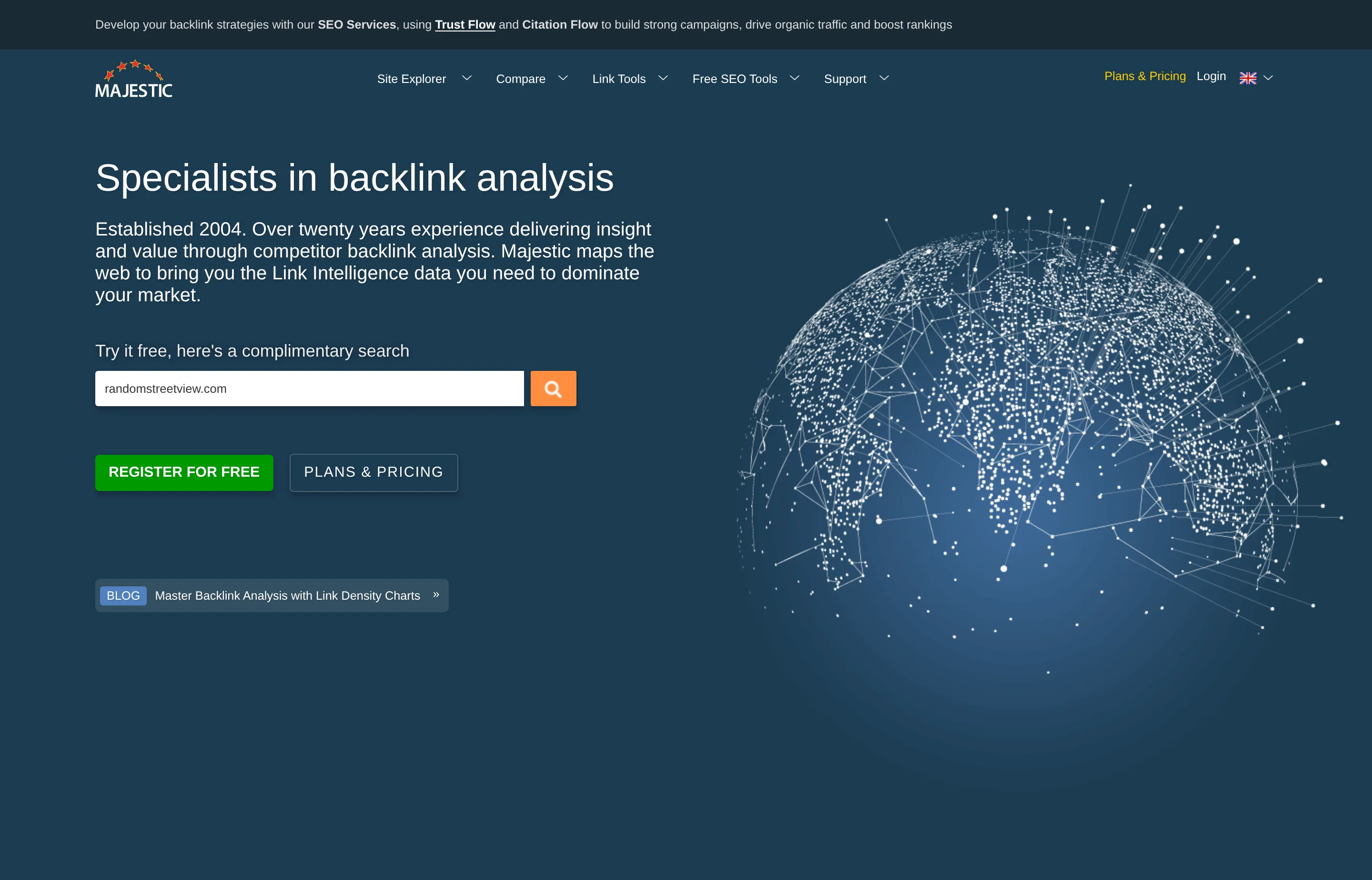The Majestic homepage, showing its backlink analysis platform and Trust Flow and Citation Flow metrics.