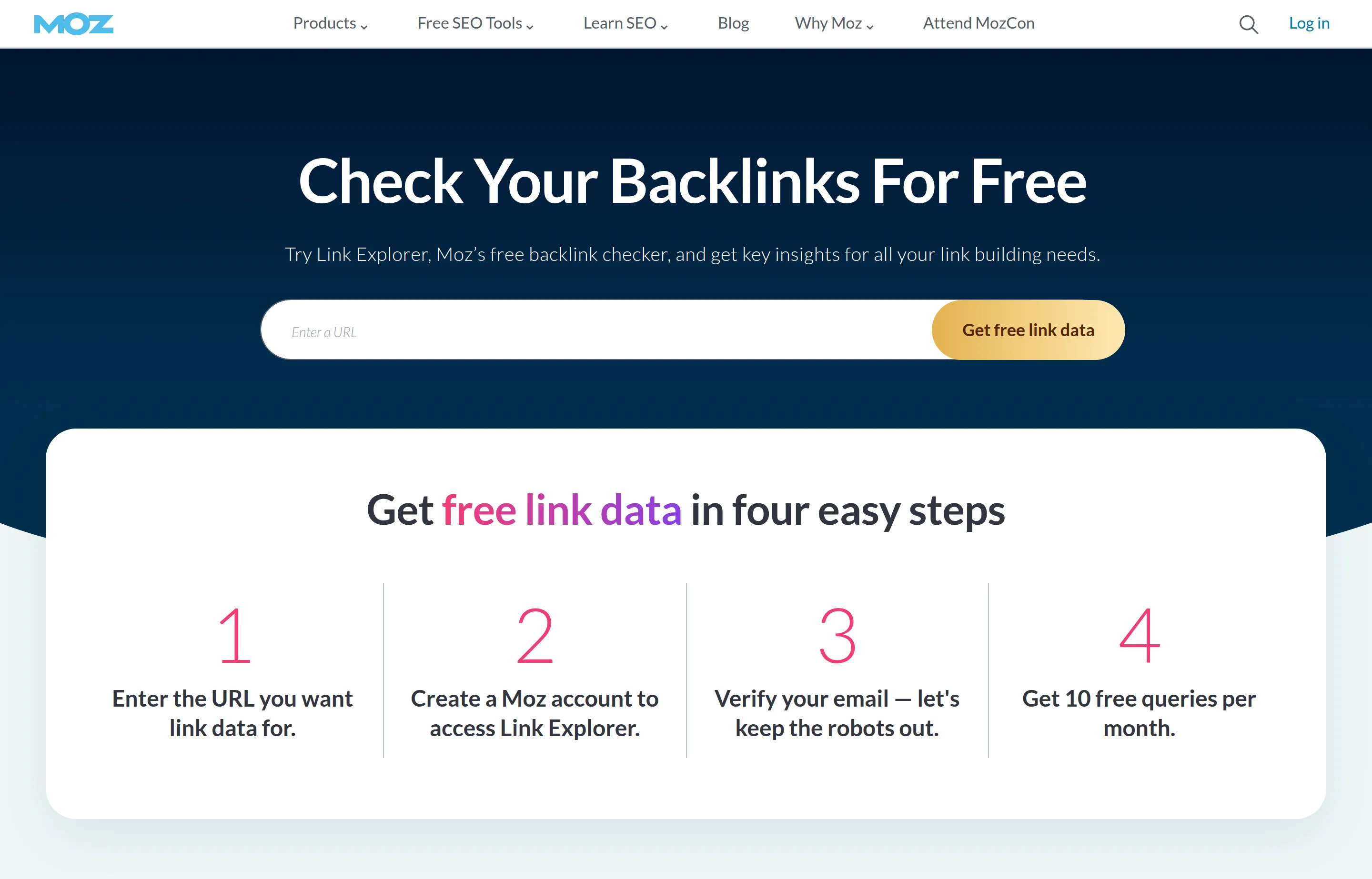 The Moz Link Explorer page, showing its free backlink checker and the ten-free-queries-per-month offer.