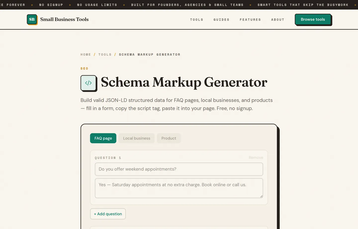 The Small Business Tools Schema Markup Generator, showing FAQ, Local business, and Product tabs.
