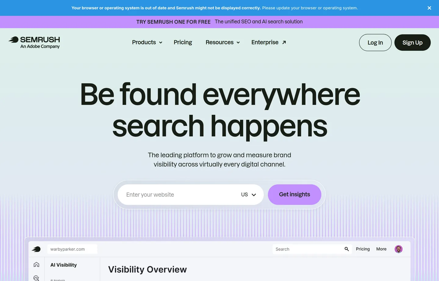 The Semrush website homepage.