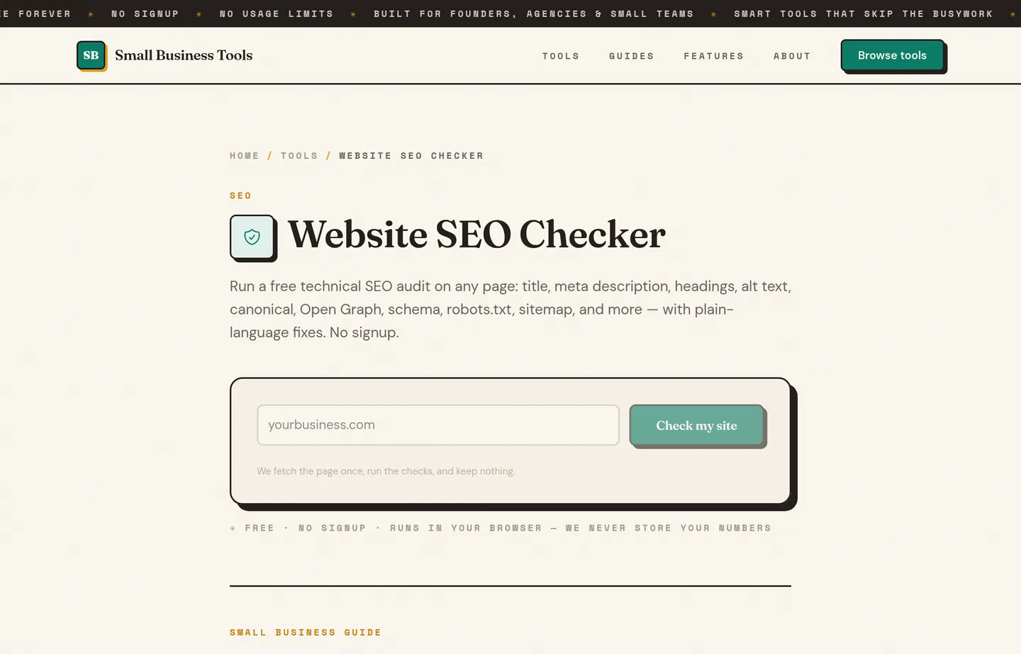 The Small Business Tools Website SEO Checker, running a 20-point on-page audit of a URL.