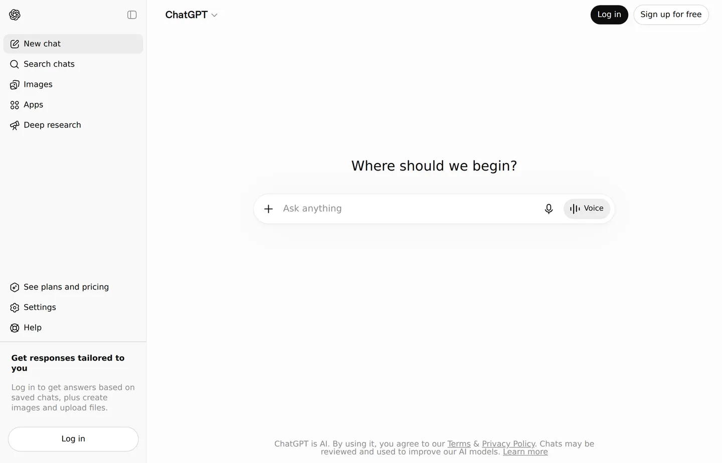 The ChatGPT interface with its “Where should we begin?” prompt.