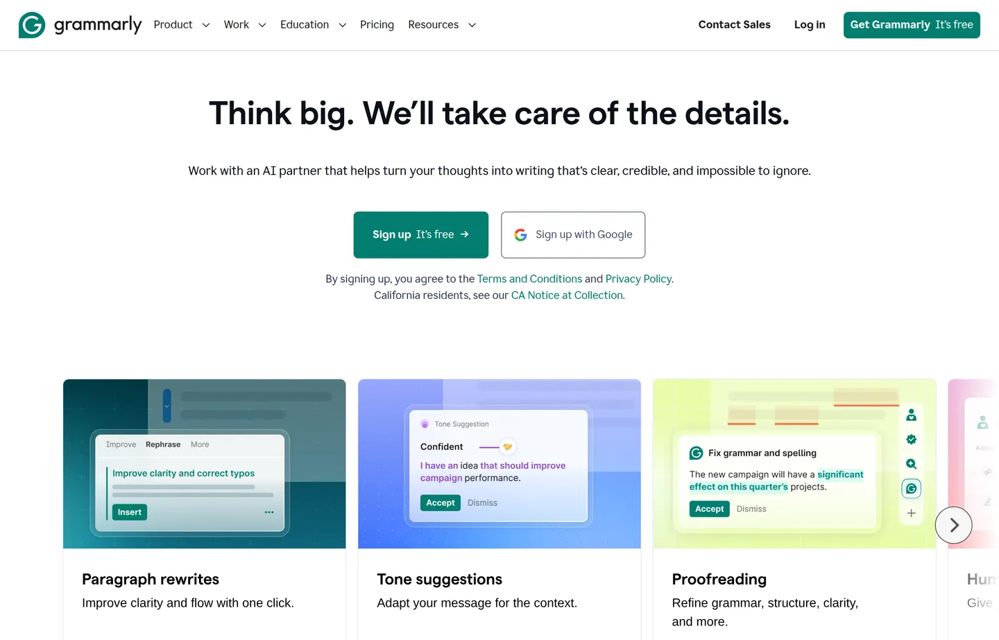 The Grammarly website homepage.