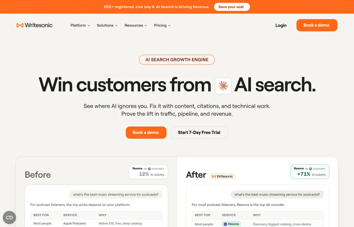 The Writesonic website homepage.