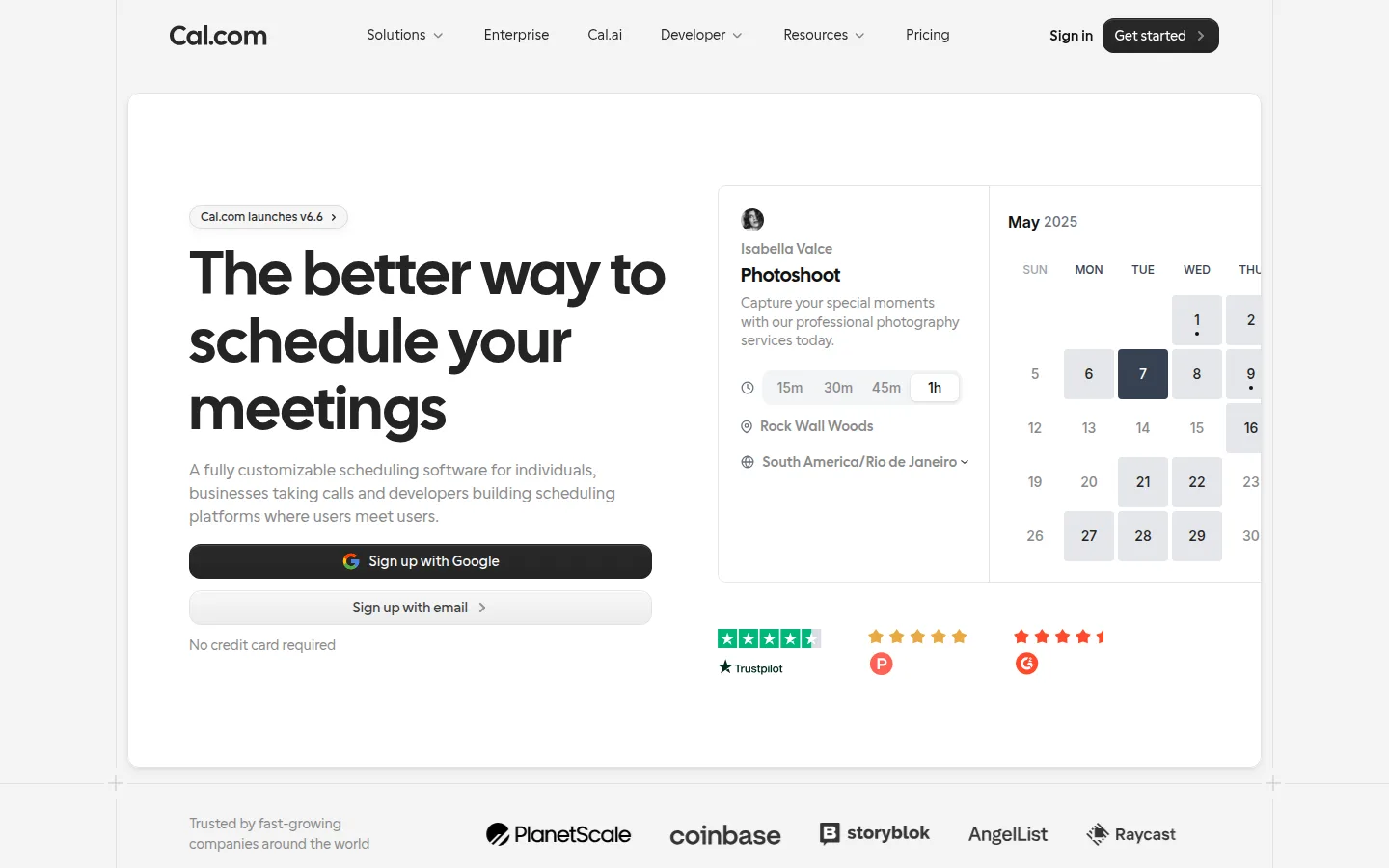 The Cal.com website, an open-source scheduling platform.