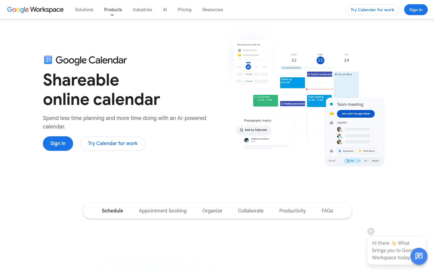 Google Workspace's calendar product page, which includes appointment scheduling.