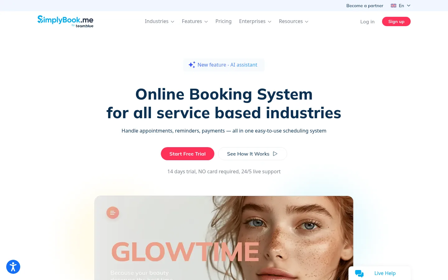 The SimplyBook.me website, an online booking system for service businesses.