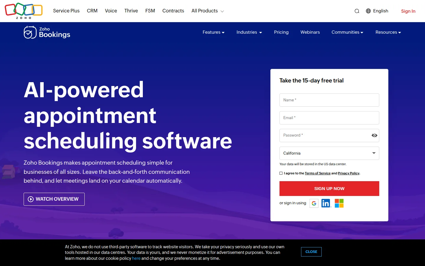 The Zoho Bookings website, scheduling software in the Zoho suite.