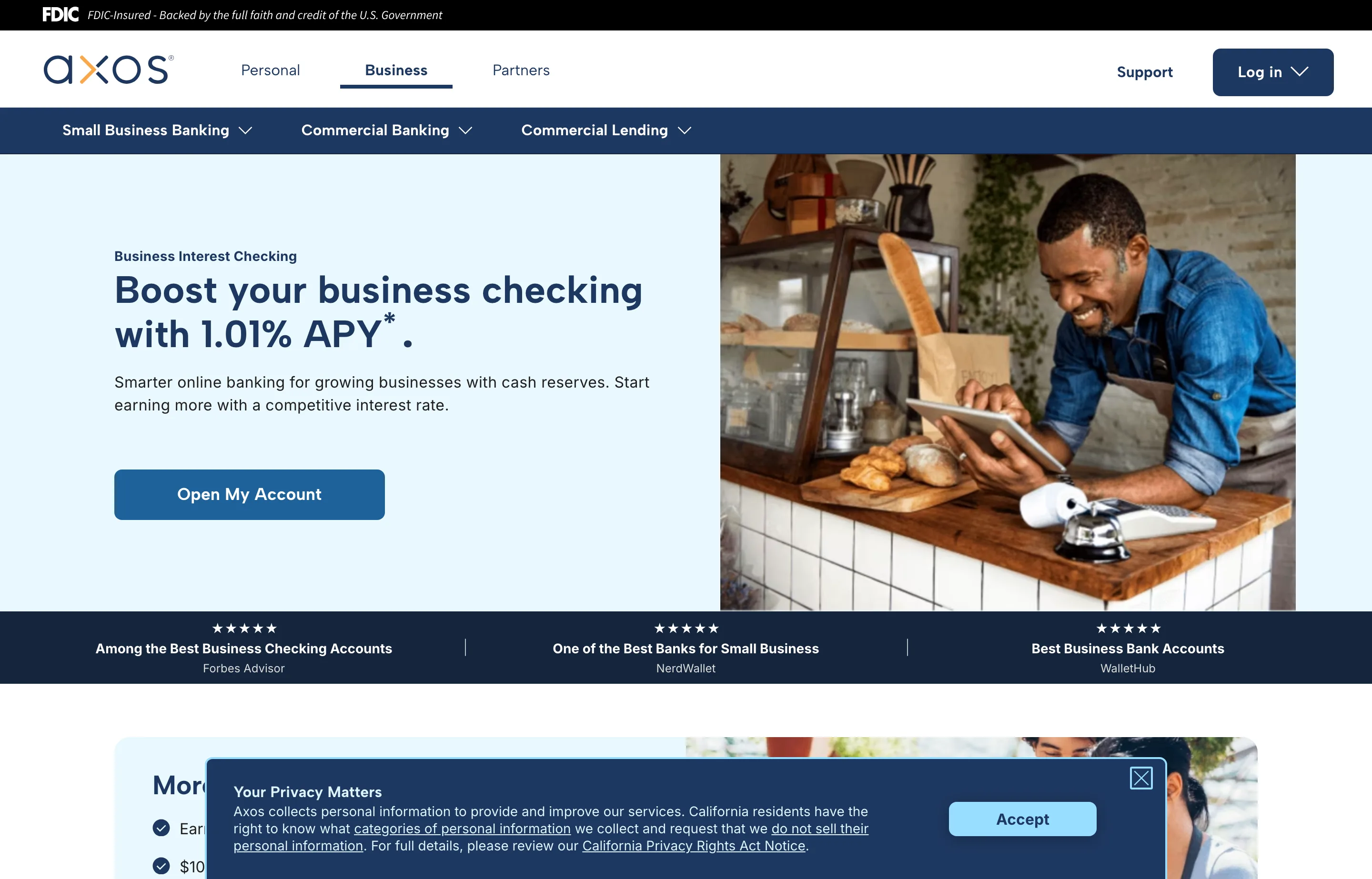 The Axos Bank business interest checking page, online business checking with interest.