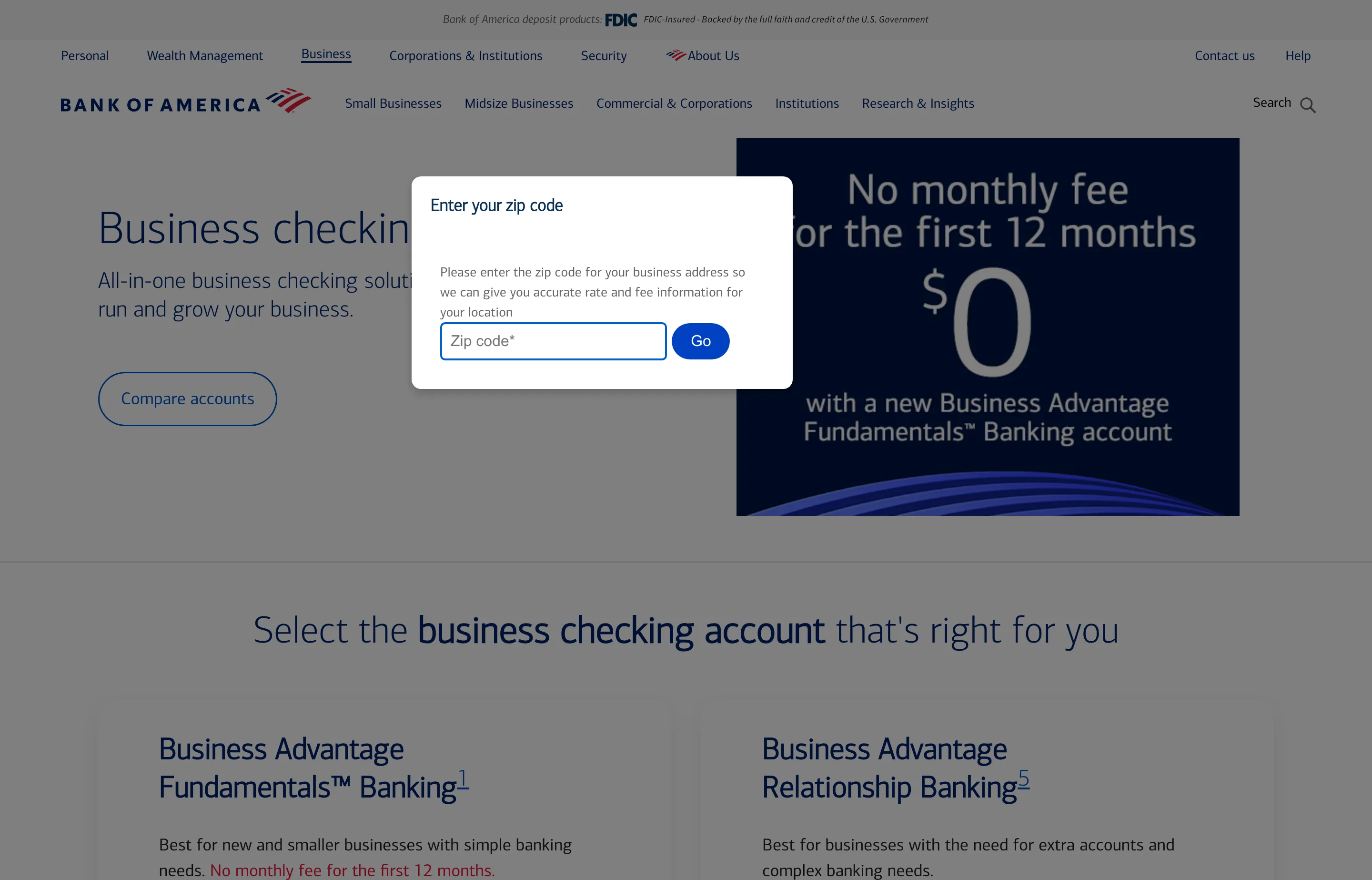 The Bank of America business advantage banking page, checking for small businesses.
