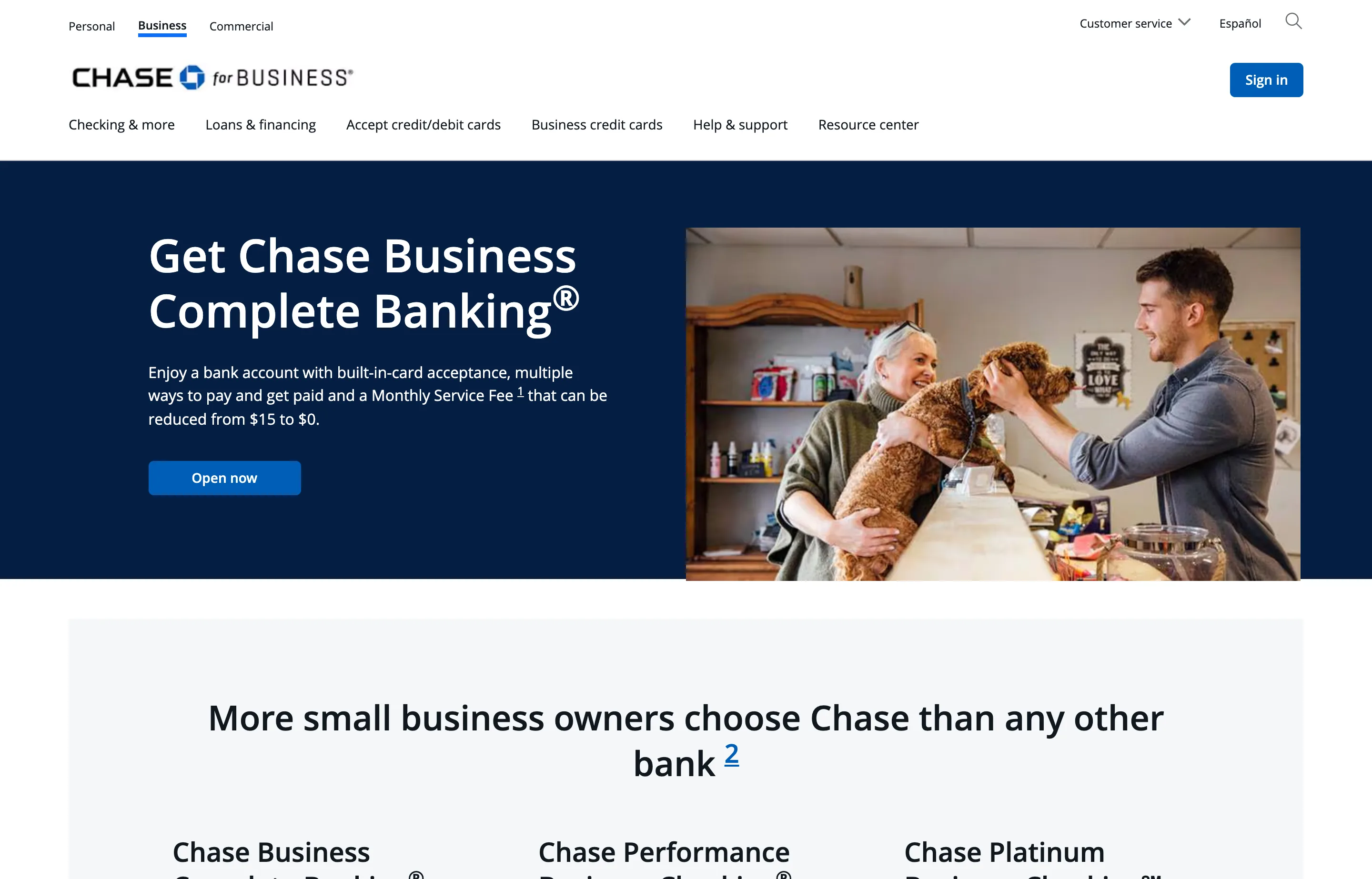 The Chase business checking page, business complete banking with QuickAccept.