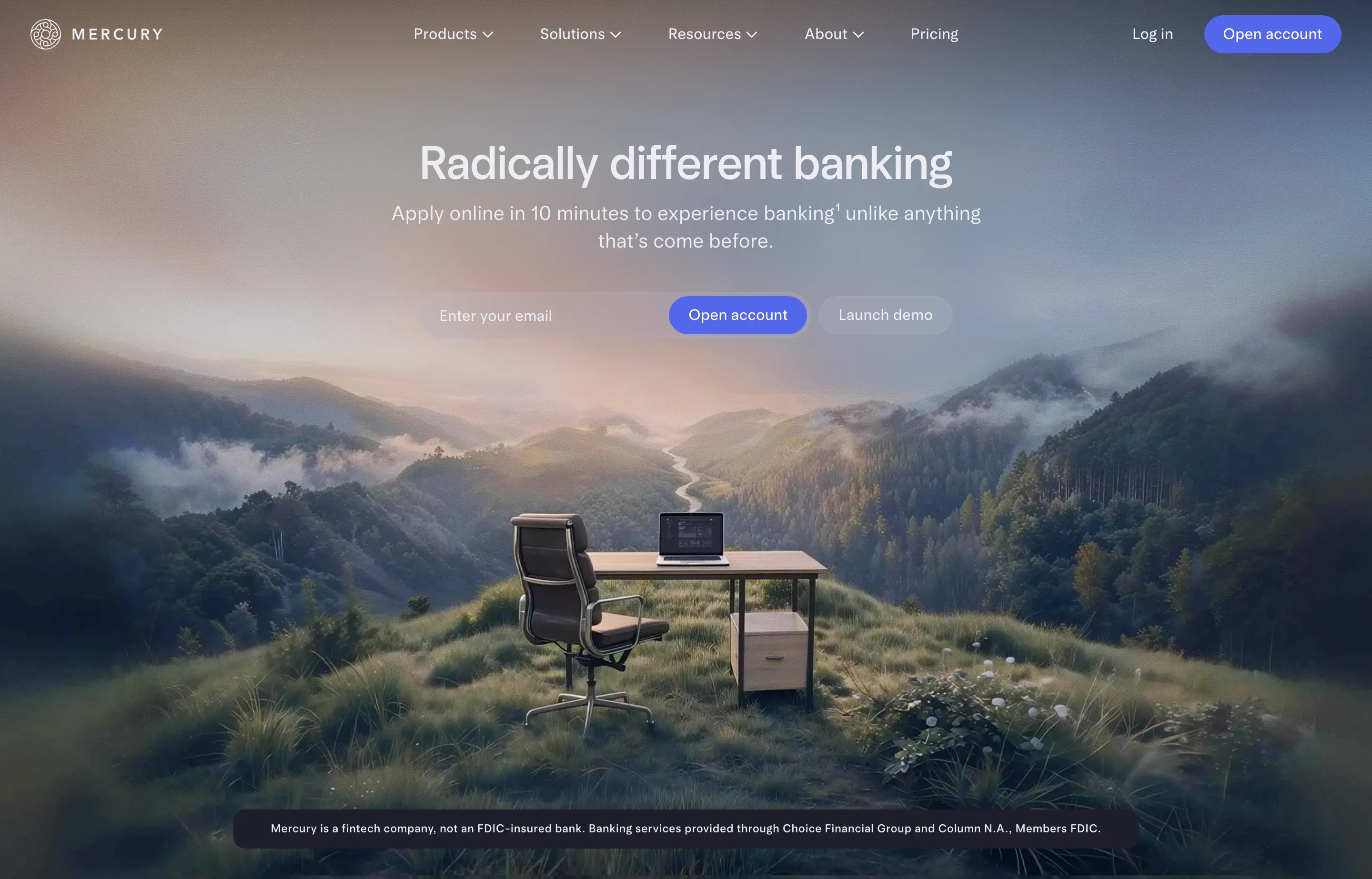The Mercury website, banking for startups with treasury and credit cards.