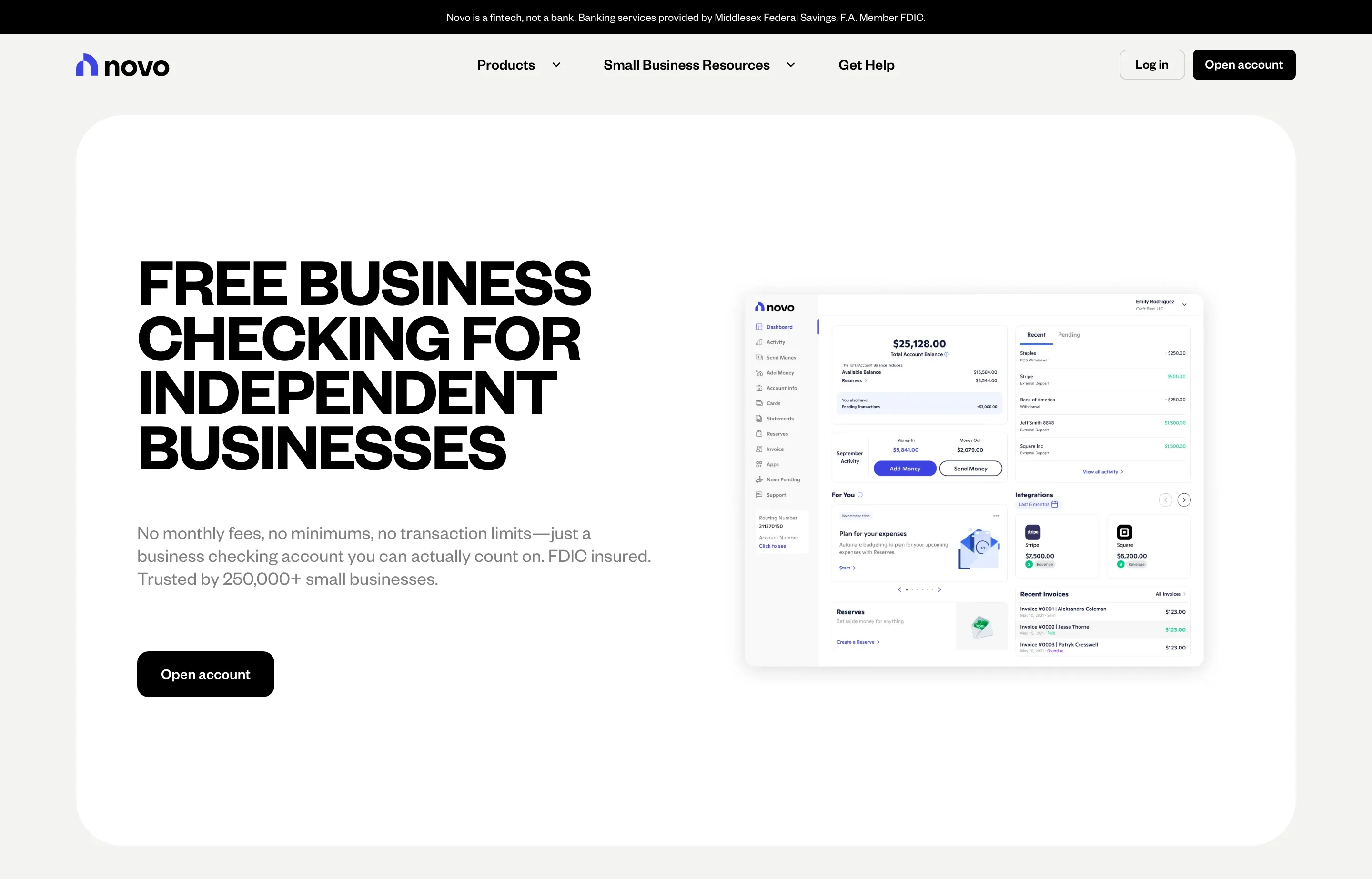 The Novo business checking page, free small business checking with integrations.