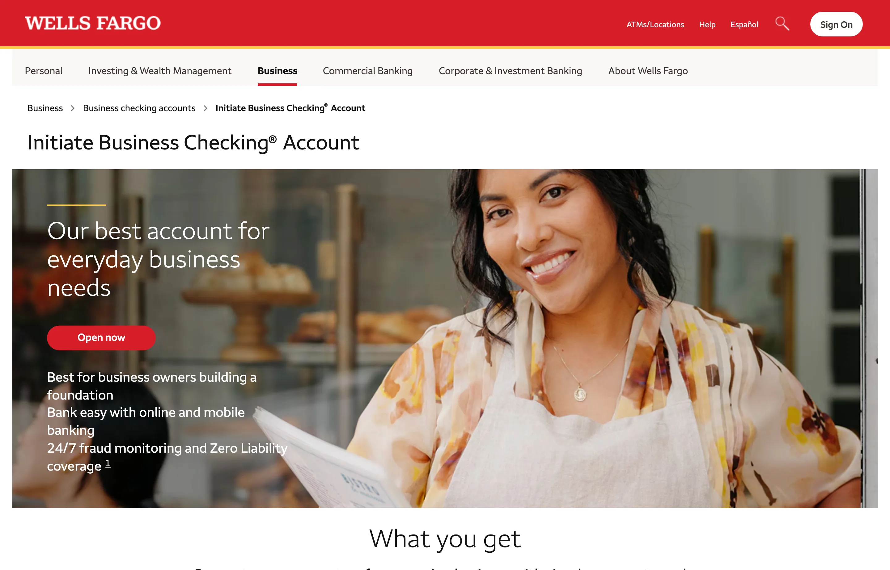 The Wells Fargo initiate business checking page, business checking with digital tools.
