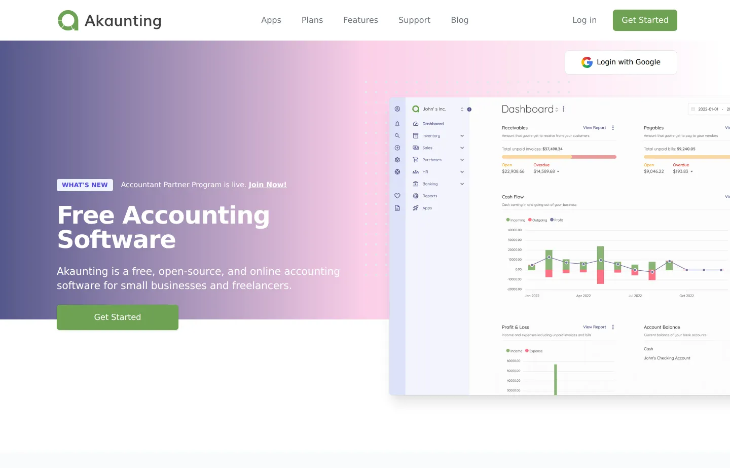 The Akaunting website, open-source accounting software you can self-host.