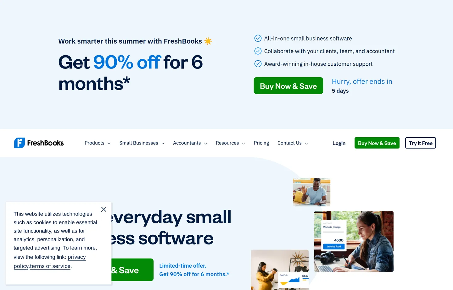 The FreshBooks website, invoicing-first accounting for freelancers and service businesses.