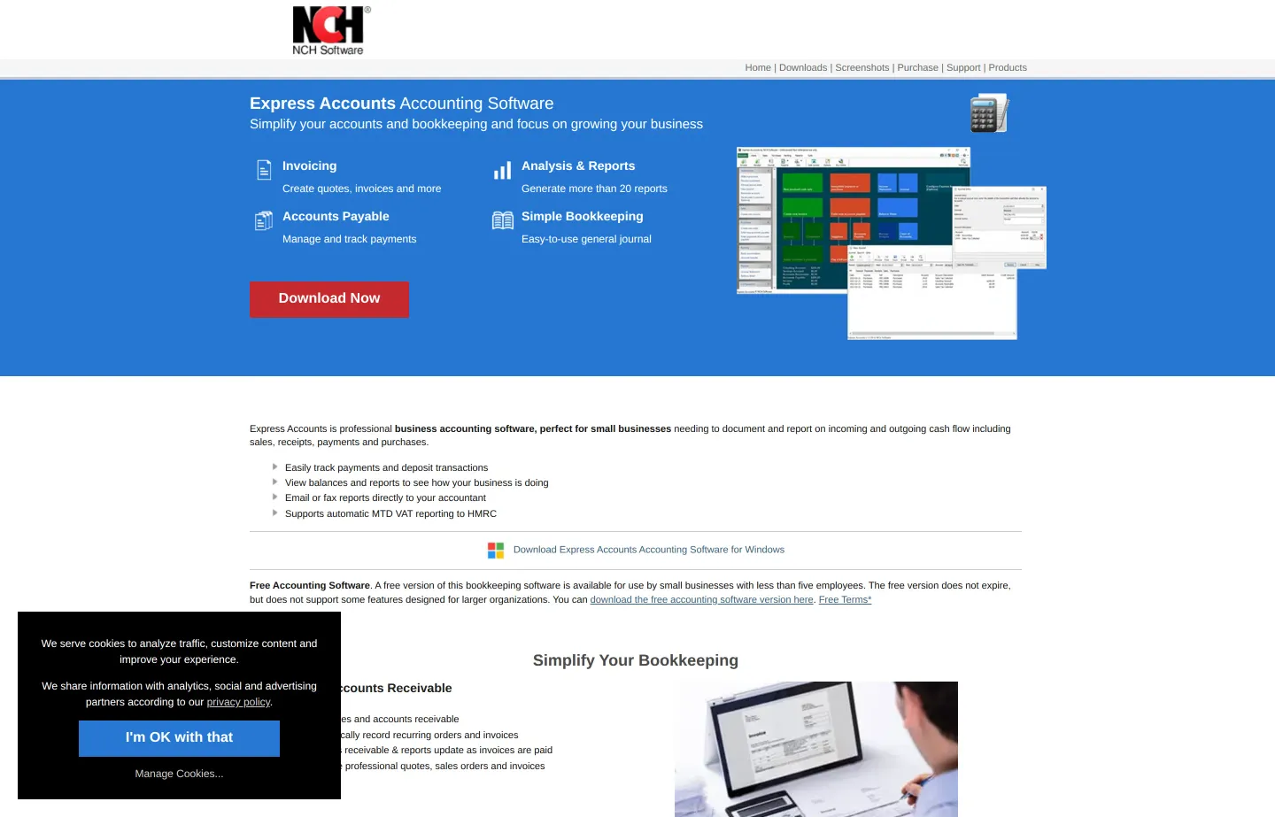 The NCH Express Accounts website, desktop bookkeeping software with a free version.