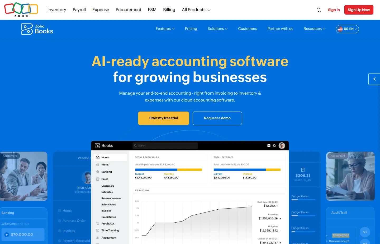 The Zoho Books website, cloud accounting with a free tier for small businesses.