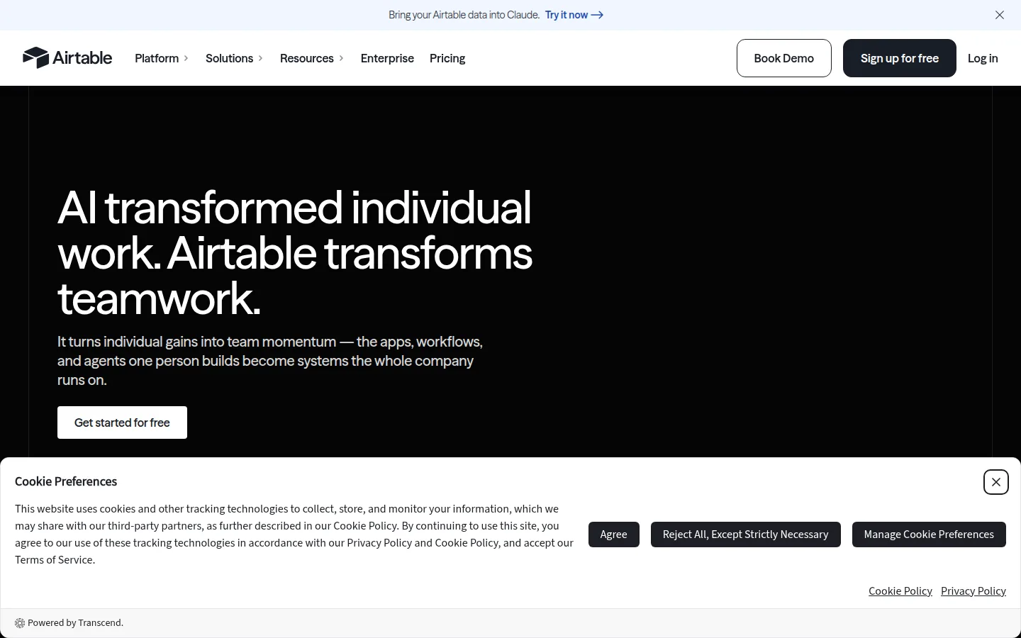 The Airtable website, a flexible database platform used as a lightweight CRM.