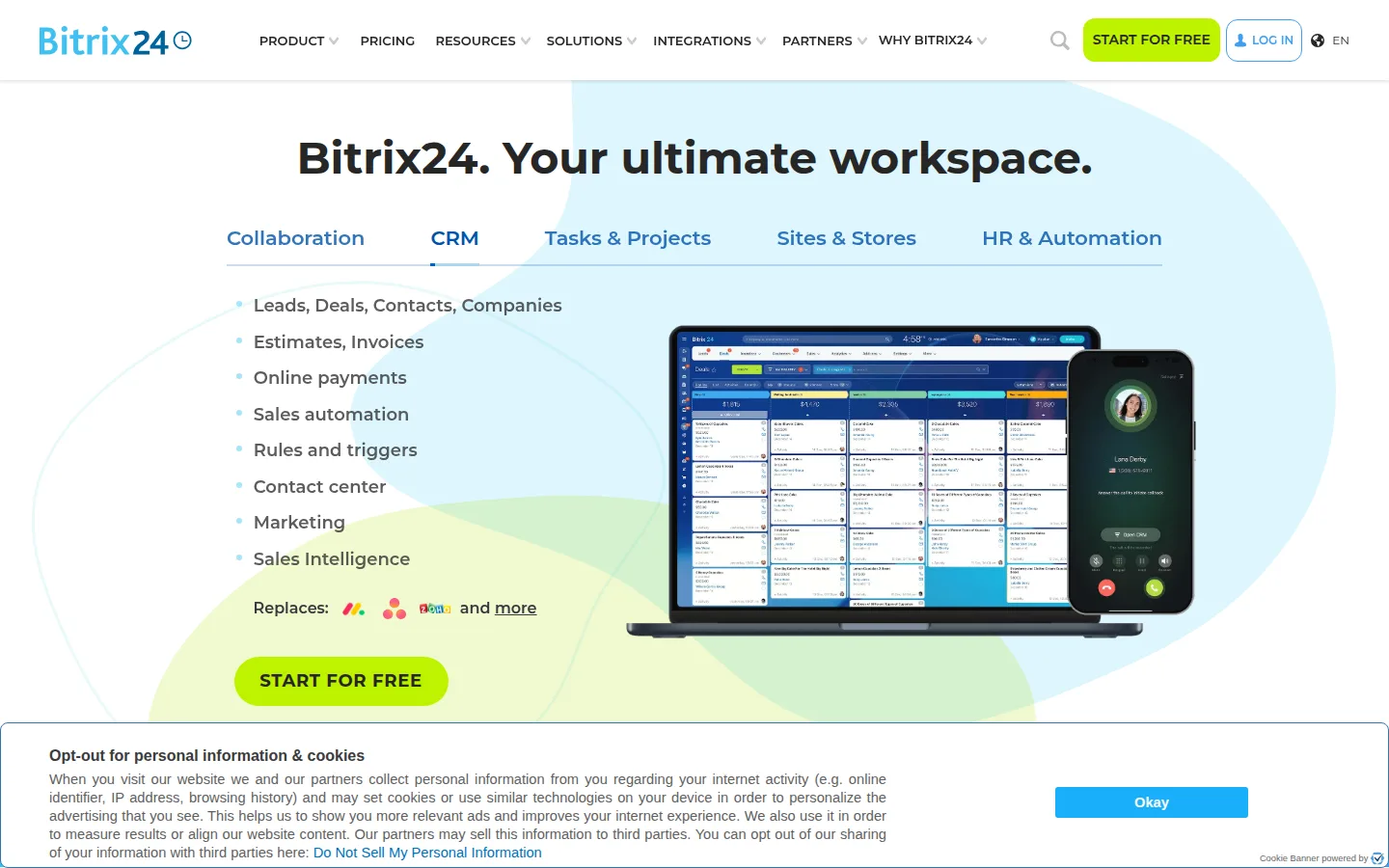 The Bitrix24 website, a business suite with CRM, projects, and collaboration.