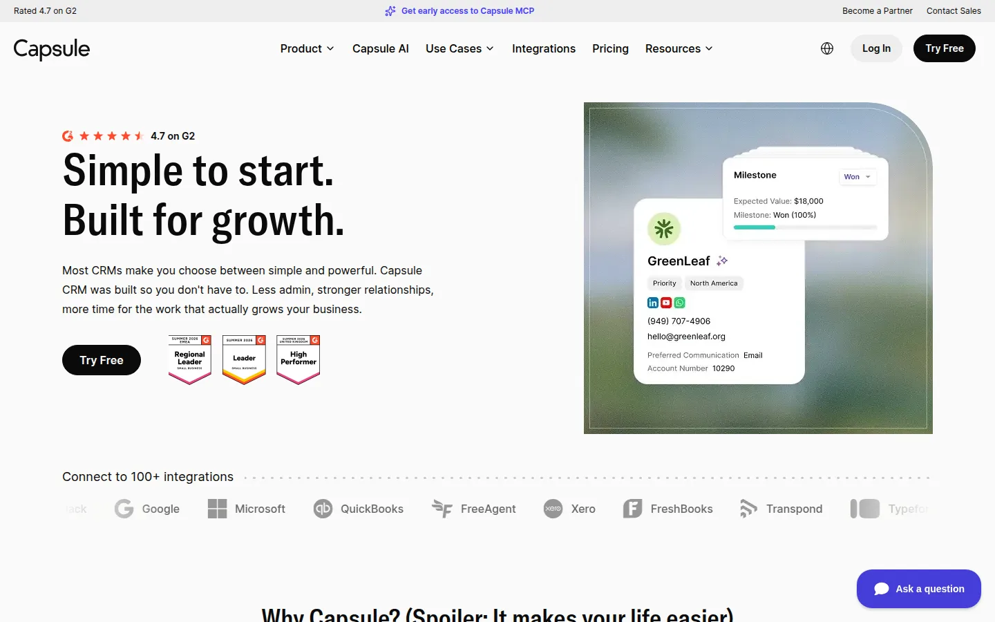 The Capsule CRM website, a simple CRM for small businesses.