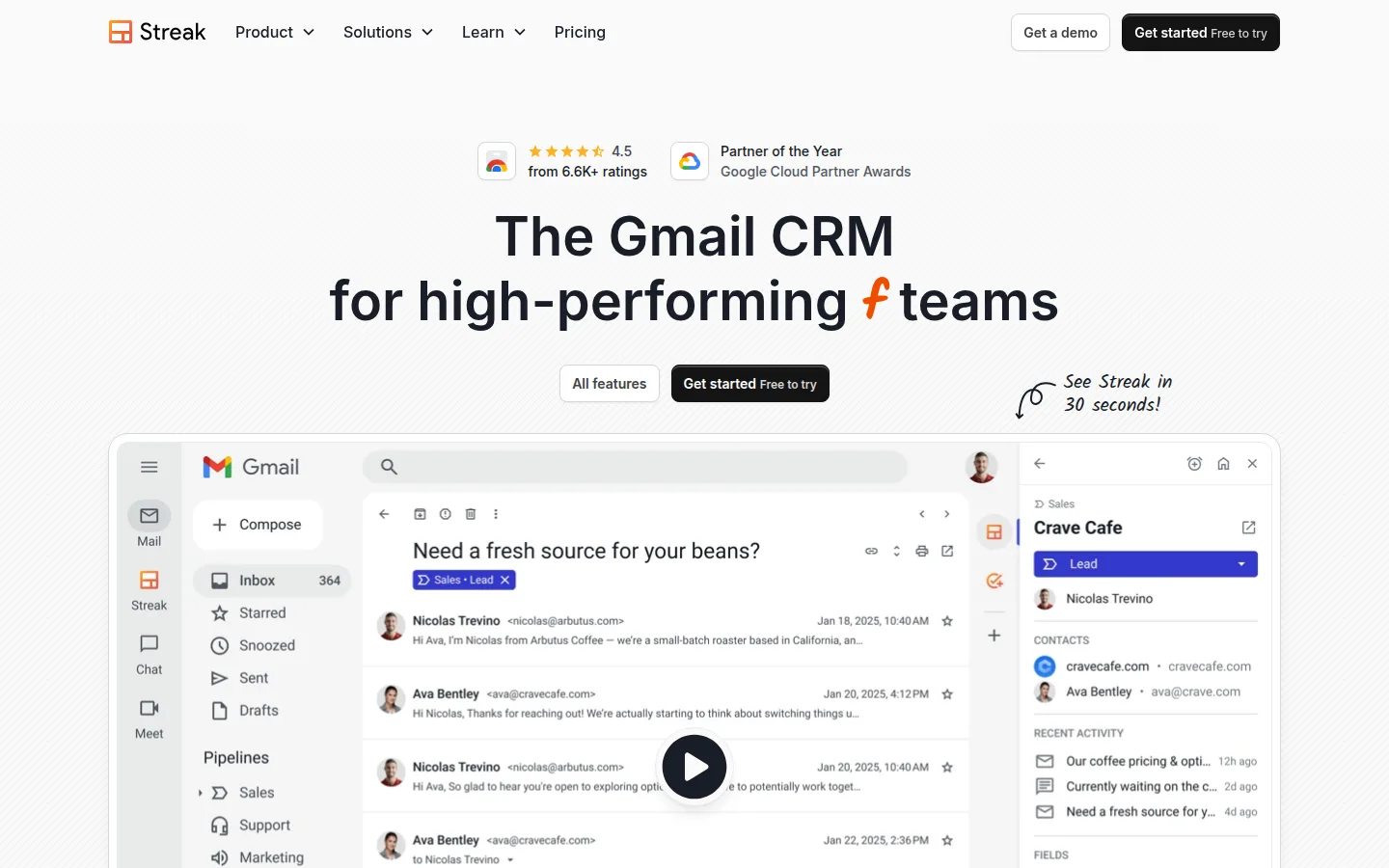 The Streak website, a CRM that lives inside Gmail.