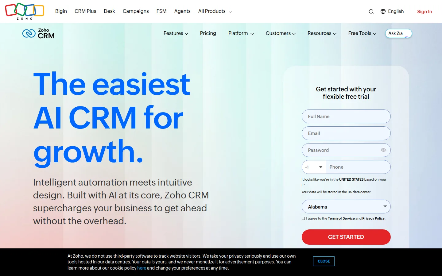 The Zoho CRM website, a full-featured CRM with a free edition.