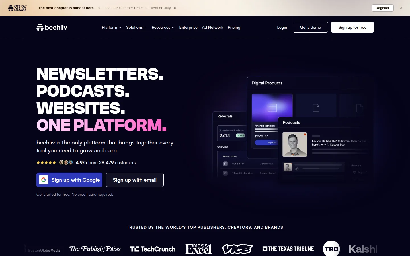 The beehiiv website, a newsletter platform with growth and monetization tools.
