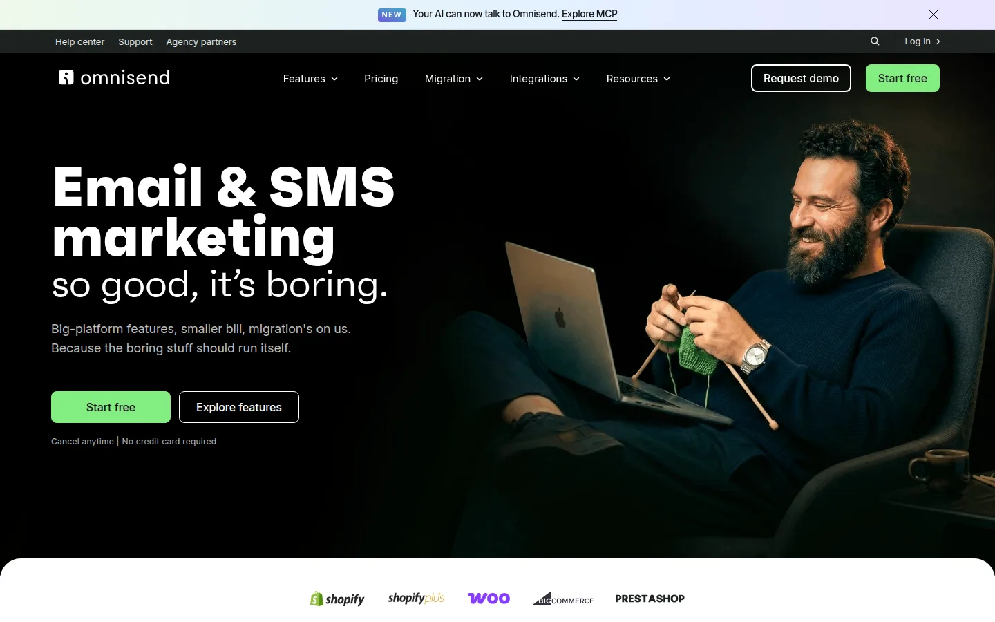 The Omnisend website, an email and SMS marketing platform for ecommerce.