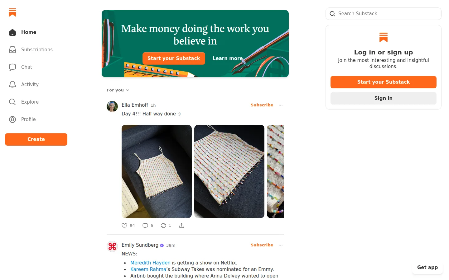 The Substack website, a platform for newsletters and paid subscriptions.
