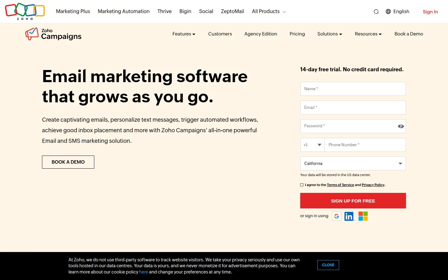 The Zoho Campaigns website, email marketing software in the Zoho suite.