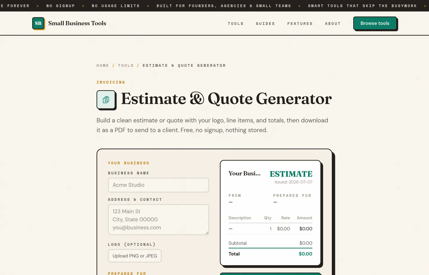 The Small Business Tools Estimate Generator, which shares the invoice layout for quotes.