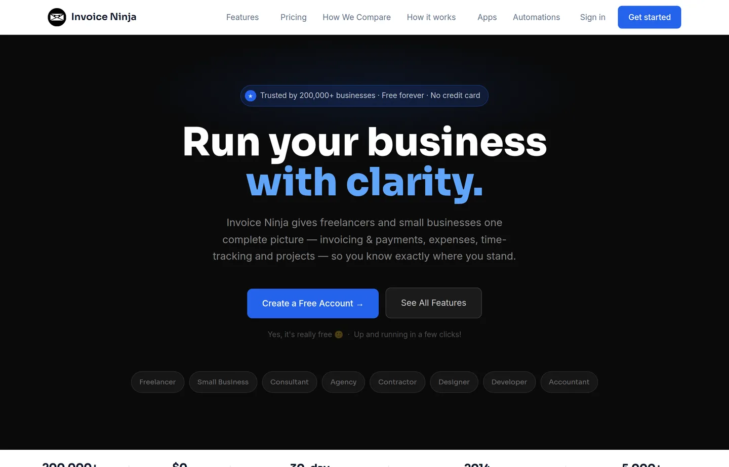 The Invoice Ninja website, an open-source invoicing platform.