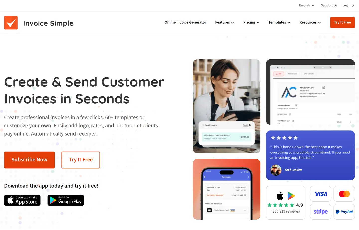 The Invoice Simple website, a mobile-first invoicing app.