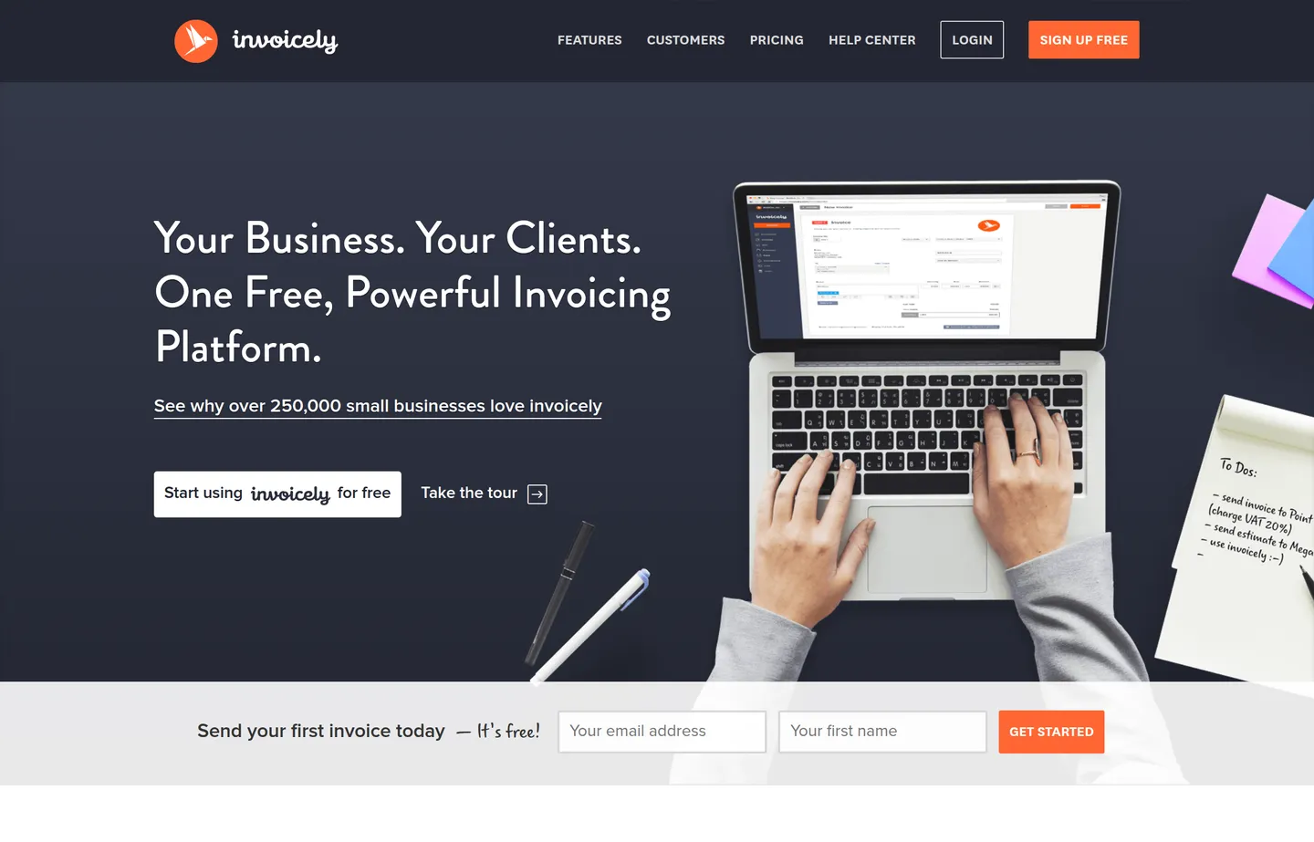 The Invoicely website, a simple web invoicing dashboard.