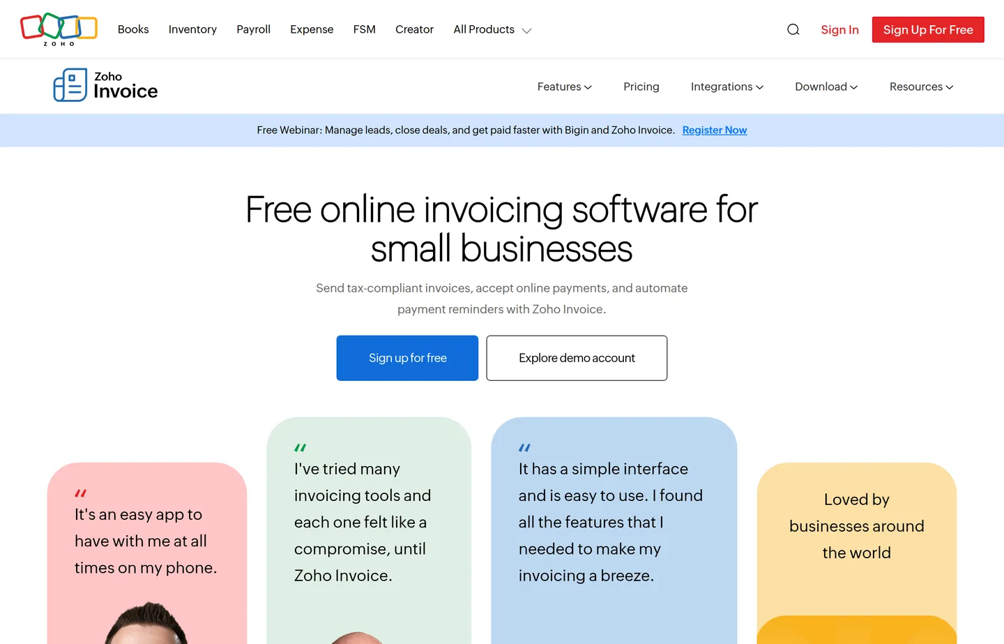 The Zoho Invoice website, a free invoicing product for service businesses.