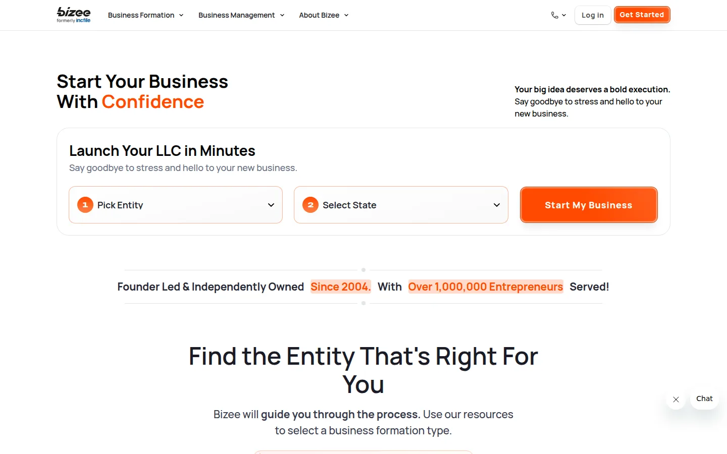 The Bizee website, formerly Incfile, offering $0 LLC formation.