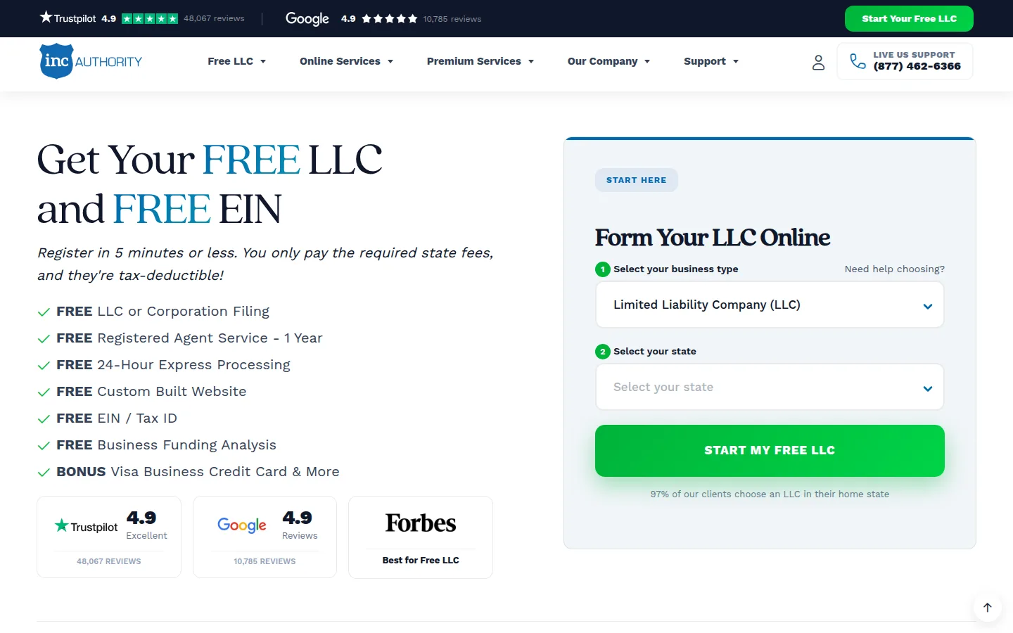 The Inc Authority website, free LLC formation with phone-sold upgrades.