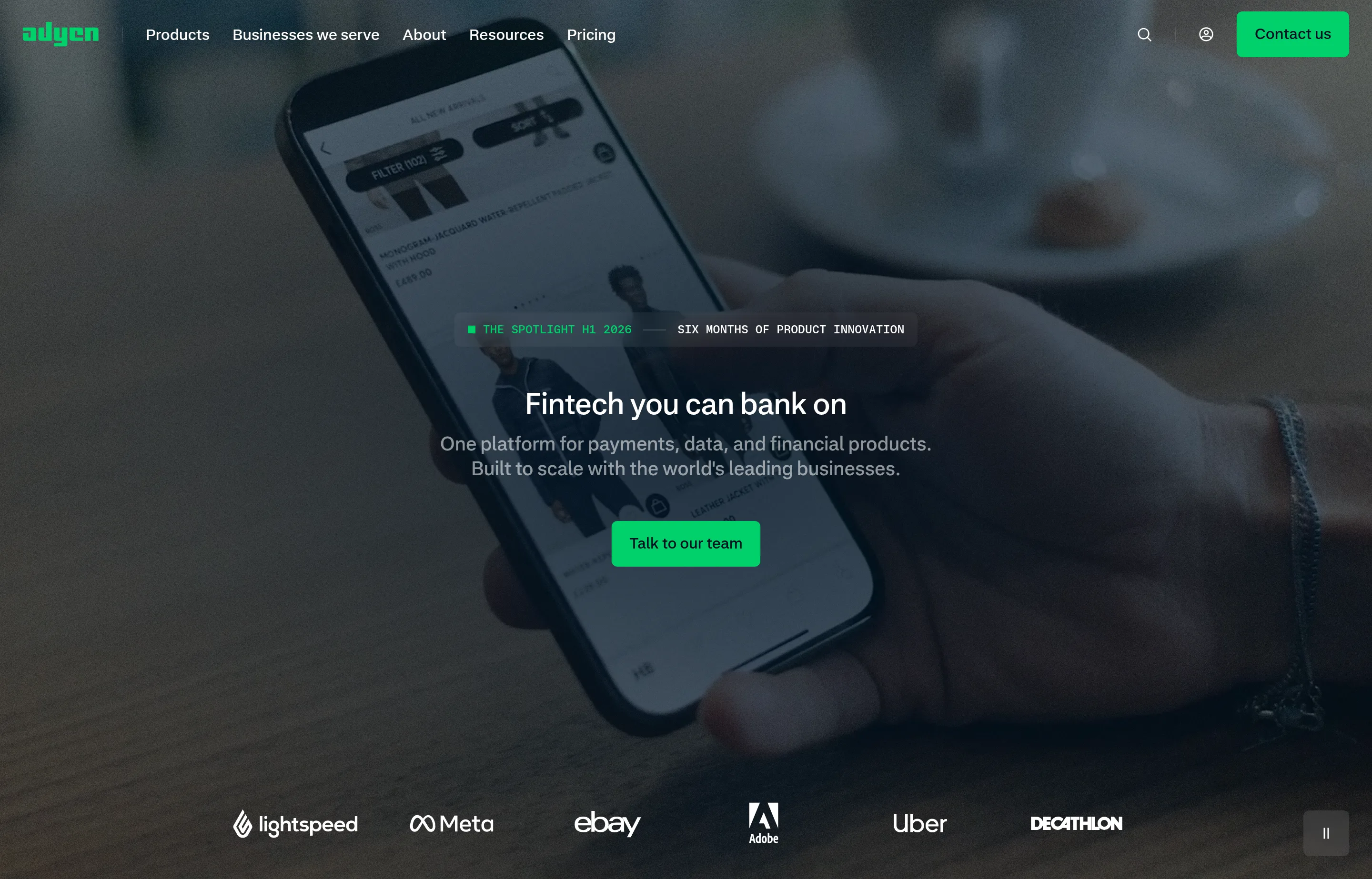 The Adyen website, a global financial technology platform for businesses.