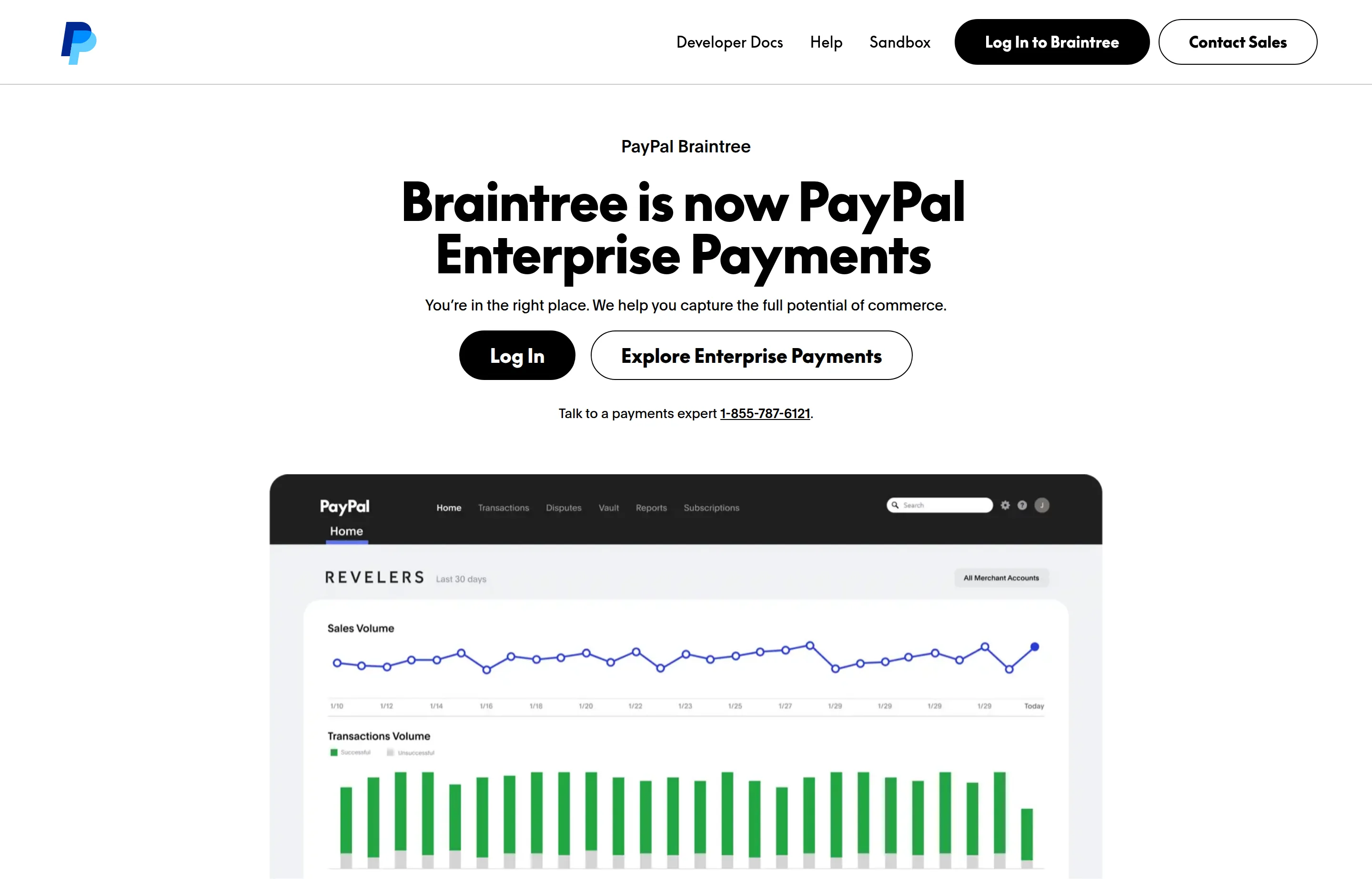 The Braintree website, announcing Braintree is now PayPal Enterprise Payments.