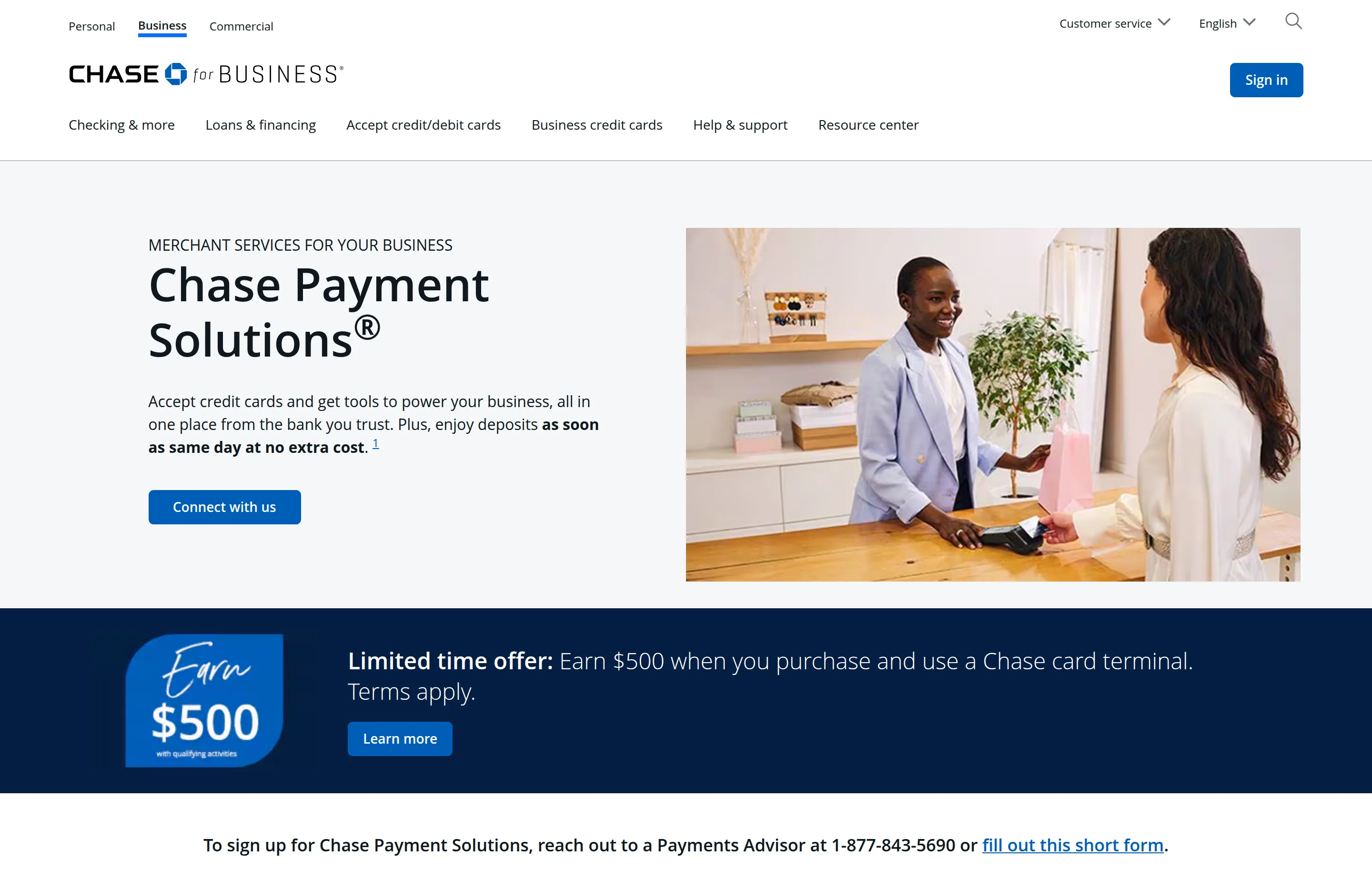 The Chase Payment Solutions website, merchant services from Chase for Business.