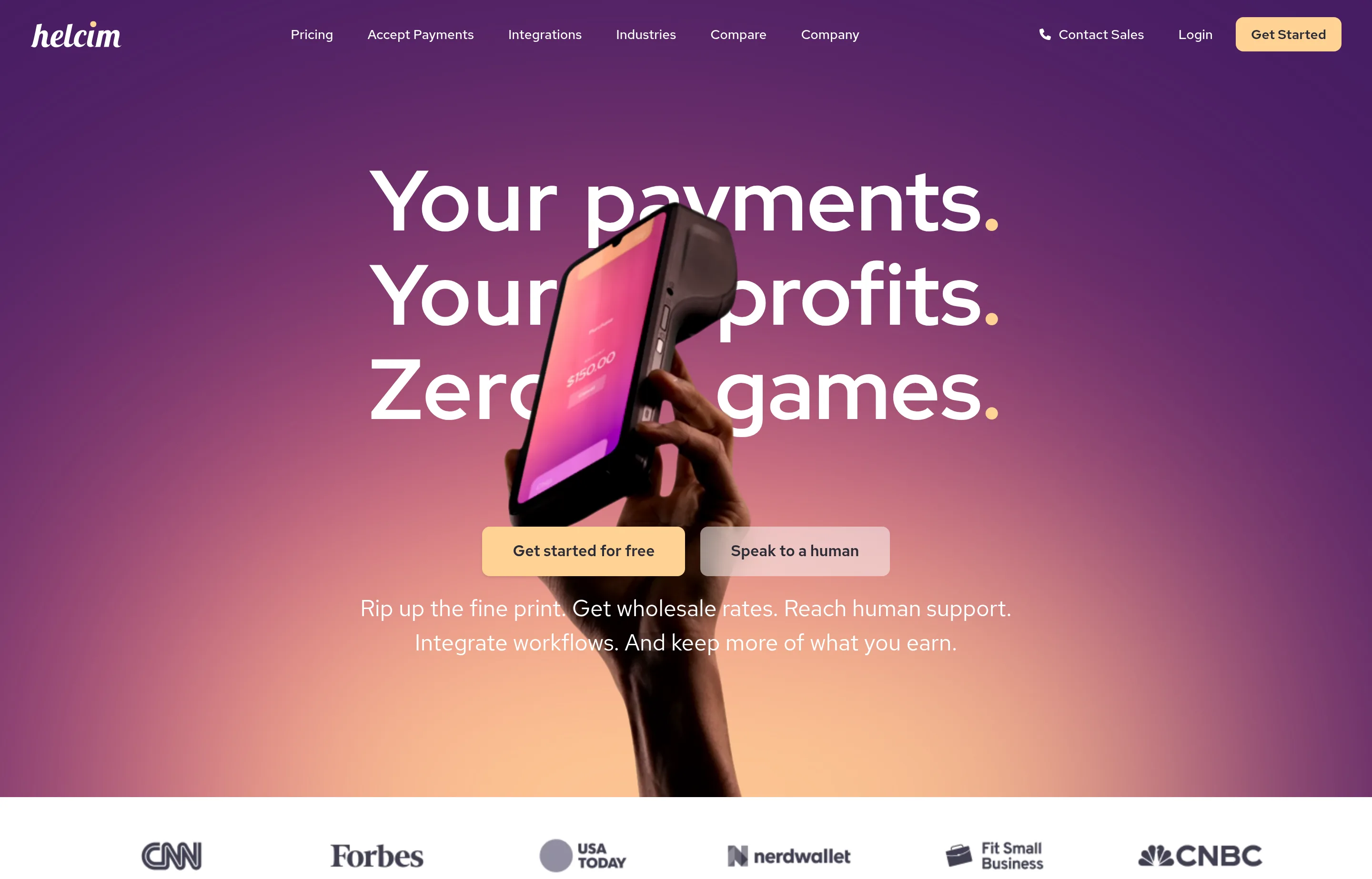 The Helcim website, interchange-plus payment processing with no monthly fee.